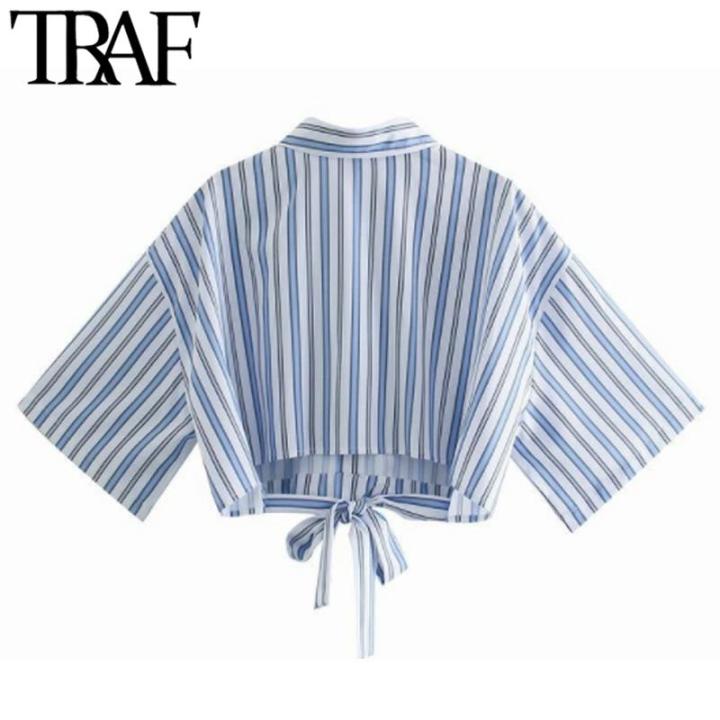 traf-za-women-fashion-stripe-printing-bow-tied-cropped-short-blouses-vintage-short-sleeve-female-shirts-blusas-chic-tops