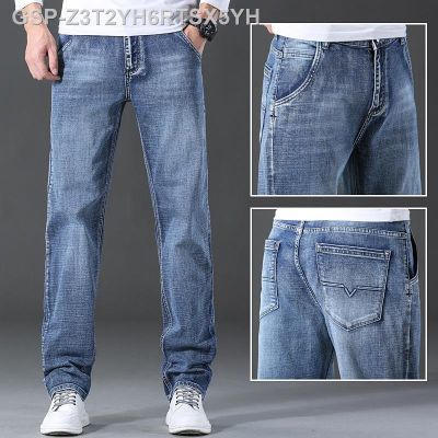 กินคู่☄Clássico Dos Homens Marca Jeans Negócios Calças De Bim Fino Azul Claro Preto Masculino
