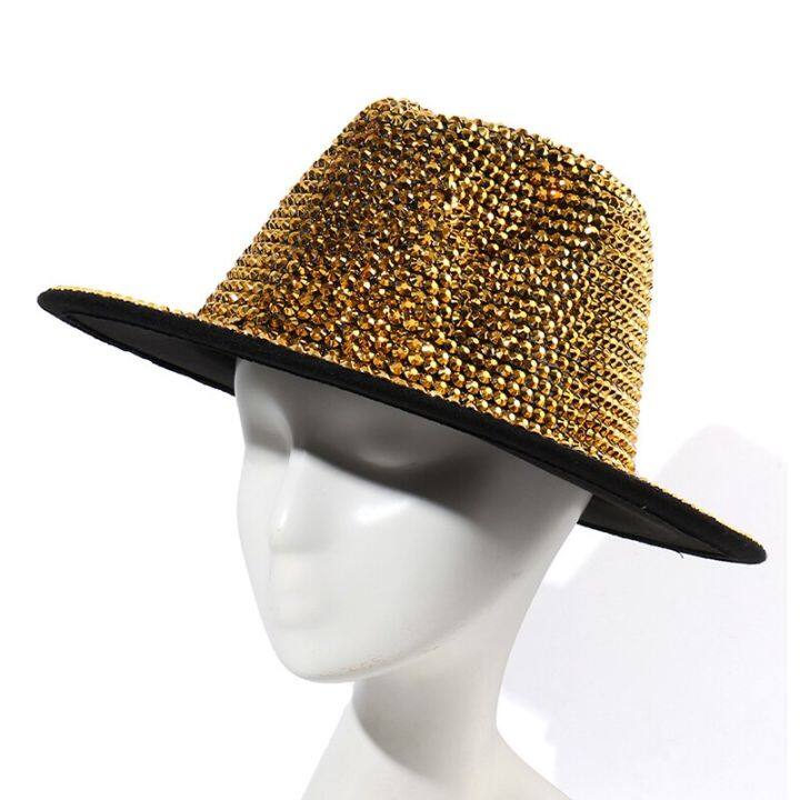 rhinestone-fedora-หมวกแจ๊สหมวกคาวบอยสําหรับผู้หญิงและผู้ชายหมวกสีสองด้านสีแดงพร้อมเพชรสีดํา-fedora-ขายส่ง-2023