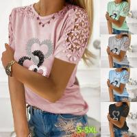 2022 New Fashion Lace Short Sleeve T-Shirt Summer Love Print Large Size Loose T-Shirt Ladies Round Neck Casual Pullover Tops