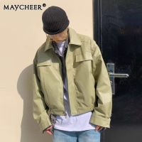 MAYCHEER   เสื้อครอปแจ็กเก็ตหนังวินเทจของผู้ชายลำลองมีปกหนัง PU มีแจ็กเก็ตหนัง