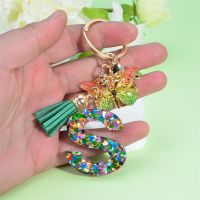 Heart Sequin Filled Resin Letter Keychain With Green Tassel Pendents Women Bag Accessories Colorfully Butterfly Keyring