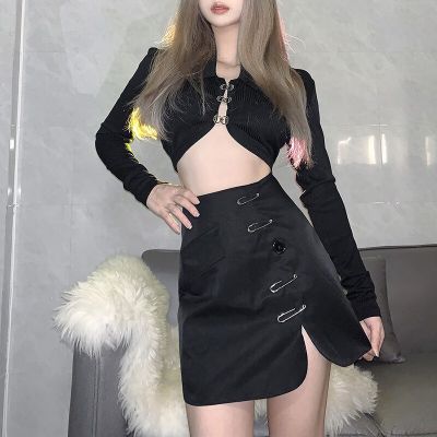 ‘；’ Solid Color Slim Fashion High Waist Hip Wrap  Split Skirt Vintage  Punk Goth Dark Y2k Mini Harajuku Korean Style