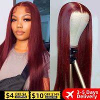 【jw】ↂ✁ Peruvian Straight Hair Front Wig Human Wigs 99J Burgundy Pre-Plucked 13x4 Colored for