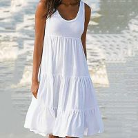 PR Store Ladies Summer Cool Sleeveless Round Neck Stitching Big Swing Beach Dress Long Skirt Simple and Fashionable