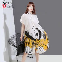 New Graffiti Printed Style Woman Summer White Vintage Shirt Dress Plus Size Lady Casual Streetwear Midi Dress Holiday Robe 6123