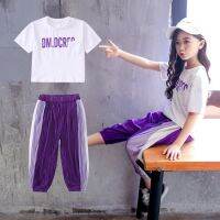 DM Dcrf Girls Short Sleeve T-Shirt Trouser Set Summer New Fashion Suit Medium And Large Children S T-Shirt Lantern Cropped Pants Two-Piece Set