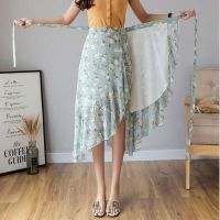 【CW】 Mujer Waist Frilled Skirts Harbour Sun-Proof Beach Skirt One-Piece Fishtail Lace-Up