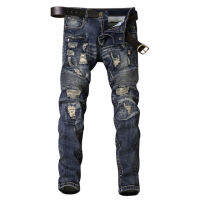 ยีนส์รัดรูปผู้ชาย Denim รถจักร Jean Homme Ripped Spijkerbroeken ผู้ชาย Biker กางเกงยืดเข้ารูปพอดี MenS กางเกงแฟชั่น