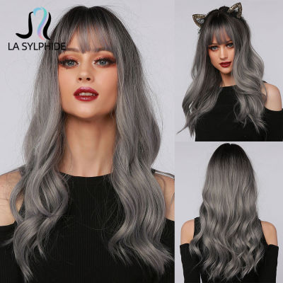 La Sylphide Halloween Cosplay Wig Long Nature Wave Root Black Ombre Grey Silver Synthetic Wigs with Bangs for Woman Party wigs