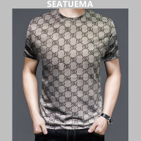 SEATUEMA เสื้อสเวตเตอร์ถักแบบใหม่ของผู้ชายผ้าฝ้ายแขนสั้นคอกลมโลโก้ฤดูร้อนด้านบน