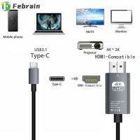 FEBRAIN USB 3.1แล็ปท็อป1080P 4K อุปกรณ์กล้อง GoPro Type-C ไปยัง HDMI สายสายอะแดปเตอร์โปรเจคเตอร์