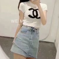 CHANEL_2022 Summer New Style Small Fragrance Round Neck Pullover Short Sleeve Women s Slim Slim Short เสื้อถักนิตติ้ง