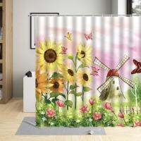 Rural Pastoral Sunflower Windmill Scenery Shower Curtain Butterfly Bird Tree Oil Painting Illustration Bathroom Bathtub Deco Set