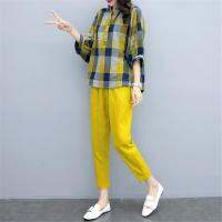 2021S-3xl Spring Summer Yellow Two Piece Sets Women Plus Size Plaid Blouses Shirts And Pants Suits Casual Fashion Elegant Korean Set