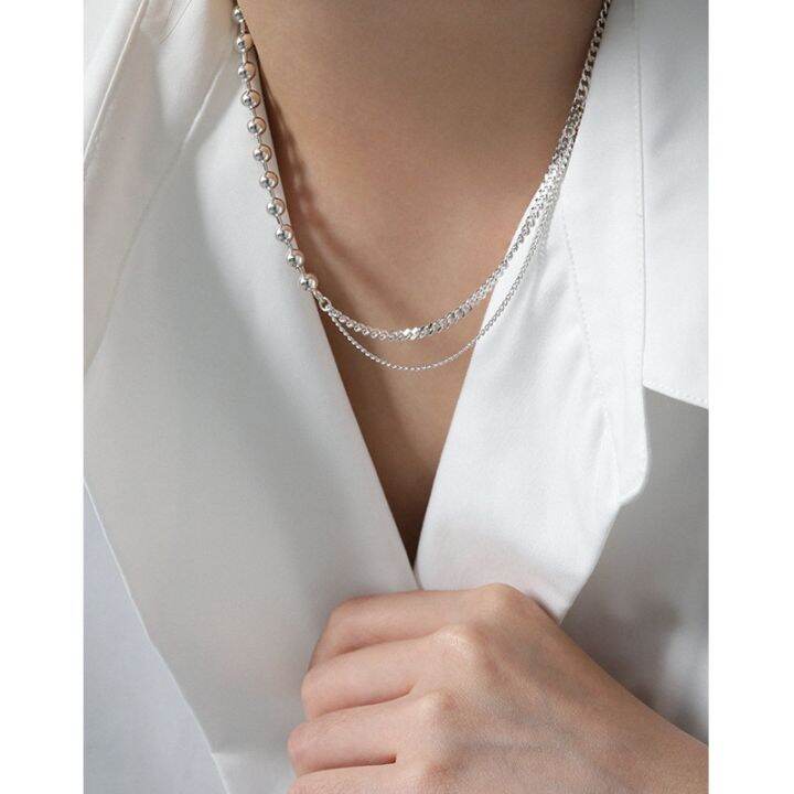 cod-092-korean-version-of-ins-niche-design-minimalist-all-match-round-beads-sideways-chain-texture-silver-clavicle-necklace-female