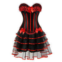 ผู้หญิง Vintage Gothic ซาตินลูกไม้ Bow Corset ชุดตาข่าย Mini Tutu ชุดกระโปรง Burlesque เครื่องแต่งกาย Gown