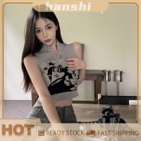 hanshi [2023 new HOT FASHION] lazlook เสื้อกล้ามผู้หญิงพิมพ์ลายย้อนยุคฤดูร้อนเสื้อคอเต่าครึ่งตัวเข้ารูปแบบมีซิป