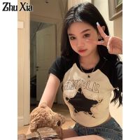 Zhu Xia เสื้อยืดผู้หญิงแขนแขนสั้นคอกลมสีตัดกันเสื้อยืดพิมพ์ลายดาวสไตล์ยุโรปเสื้อยืดกางเกงขาสั้นสลิมฟิตสไตล์ Y2K