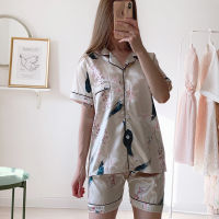 Summer Two Piece Sets for Women 2021 Silk Satin Sleepwear Turn-down Collar Plus Size Printed Short-sleeved Shorts Pajamas