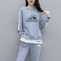 ADIDASeˉ     ฤดูใบไม้ร่วงใหม่ขนาดใหญ่ (M-6XL) สองชิ้นแขนยาวเสื้อยืดคอกลม + กางเกงกีฬาหลวมสูทลำลองสตรี