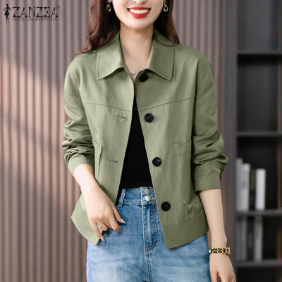 (สินค้ามาใหม่)(จัดส่งฟรี)Fancystyle ZANZEA คาร์ดิแกนกระดุมแถวเดียวแฟชั่นสไตล์เกาหลีของผู้หญิงหลวมแขนยาวประจำวันเสื้อแจ็คเก็ตมีปก #10