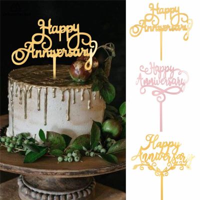 Df Happy Anniversary ท็อปเปอร์เค้กอะคริลิค ตัวอักษรสีทอง สีเงิน ใช้ซ้ําได้ อุปกรณ์ตกแต่งคัพเค้ก ขนมหวาน