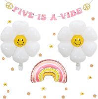 JOLLYBOOM Five เป็น Vibe Groovy 5th ตกแต่งงานเลี้ยงวันเกิด Rose Gold Five เป็นแบนเนอร์ Vibe 5 Hippie Retro Disco Daisy Rainbow Theme Party Supplies สำหรับวัยรุ่นหญิงวันเกิด