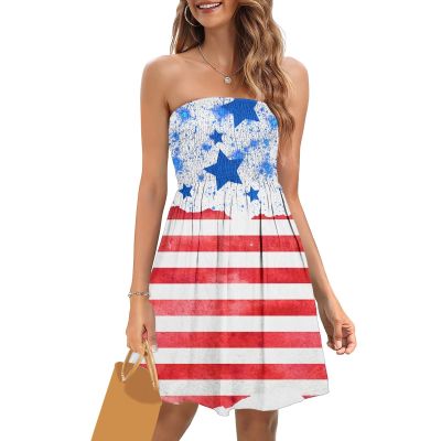 Hot sell Summer Dresses For Women July 4th Patriotic Smocked Waist Strapless Ruffled Mini Dress Beach Cover Ups Boho Bandeau Sundress