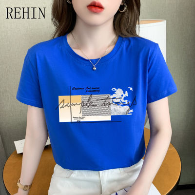 REHIN เสื้อยืดแขนสั้นผู้หญิง,แฟชั่นสไตล์เกาหลีแบบใหม่คอกลมพิมพ์ลายผ้าฝ้ายลำลองอเนกประสงค์ทรงหลวมฤดูร้อน