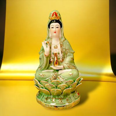 (PAM16)เจ้าแม่กวนอิม งานกังใสแท้ นำเข้าจากประเทศจีน ปางนั่งถือคนโทน้ำทิพย์ สีเขียว ขนาดหน้าตัก 7 นิ้ว สูง 30 cm