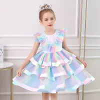 [COD] girl princess Korean version of flower childrens dress cake mesh rainbow performance costume