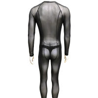 Transparent Mesh Sexy Long Sleeve Mens Zentai Stretchy Catsuit Bodysuit Men Dance Bodycon Jumpsuits Black Night Club Pole