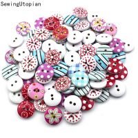 100pcs 15mm Mixed Round Retro Floral Printing Pattern Wood Decorative Button 2 Holes Sewing Wood Button Flatback Scrapbook Haberdashery