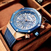 ZZOOI MEGIR Sport Watch for men Blue Leather Strap Waterproof Chronograph Quartz Wristwatch with Luminous Hands 24-hour Auto Date 2213