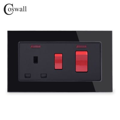 COSWALL 45A DP Wall Cooker Switch + 13A BS UK Standard Switched Socket With Neon 3x6 Size Crystal Tempered Glass Panel Black