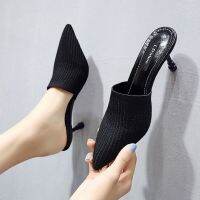 ▽ Wrapped head half slippers womens summer outside wear 2022 new versatile ladys pointed stiletto knit stretch heels sandals