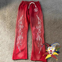 Patchwork Hellstar Studios Red Flare Sweatpants Men Women Vintage Jogger Drawstring Flare Pants