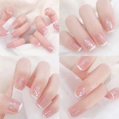 24pcs/box false nail press on Natural Temperament French nail Simple Short Style Acrylic Classical Fake Nails With Glue for girl