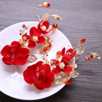 Chinese Hairpins Bride Hair Clips Hair Accessories For Women Red Flower Barrette Bridal Wedding Headwear Jewelry