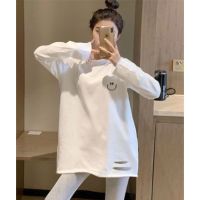 COD Facebook  Split-length T-shirt womens long-sleeved hips plus velvet top thickened