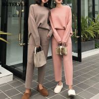 【DT】hot！ BGTEEVER 2021 Thick Sweater Tracksuits O-neck  Jumpers   Elastic Waist Pants Female Knitted 2 Pieces Set