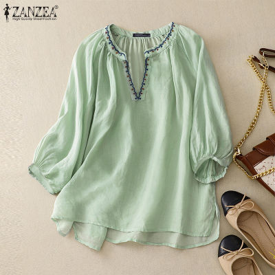 (สินค้ามาใหม่)(จัดส่งฟรี)Fancystyle ZANZEA เสื้อทีเชิ๊ตสตรีวินเทจเสื้อสตรีปักลายลำลองทรงหลวมแขน3/4คอวีแบบสวมหัว #2