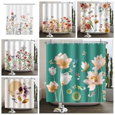 Floral Shower Curtain Boho Spring Flower Colorful Pink Waterproof Bathroom Curtain for Bathtub Decoration with Hooks 180x180