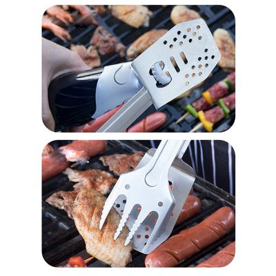 4 in 1 Stainless Steel BBQ Barbecue Tool with Spatula, Fork, Tongs and Bottle Opener for Hiking Camping