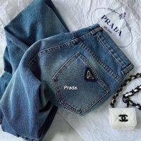 PRADA 22 New Women S Triangle Label Jeans Straight Pants Wash Water Design Classic Triangle Label Logo คุณภาพระดับ A