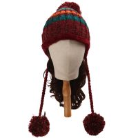 【YD】 Fleece Lined Striped Peruvian Knit Hat Laplander Beanie Hats Ear Flaps Wool Warm Pompoms