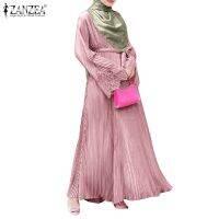 ZANZEA Women Pleated Lace Flared Lace Long-Sleeved Muslim Maxi Dress