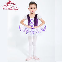 Girls Ballet Tutu Dress Velvet Body Ribbon Mesh Skirt Short Puff Sleeves Kids Dance Gymnastics Leotard Costumes