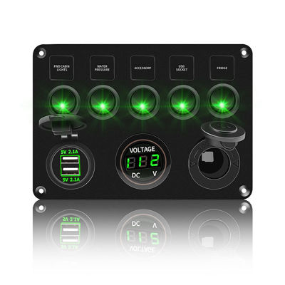 5 Gang LED Switch Panel 12V Power Outlet 4.2A USB Charger Digital Voltmeter Toggle Switch Control For Boat Camper Marine RV